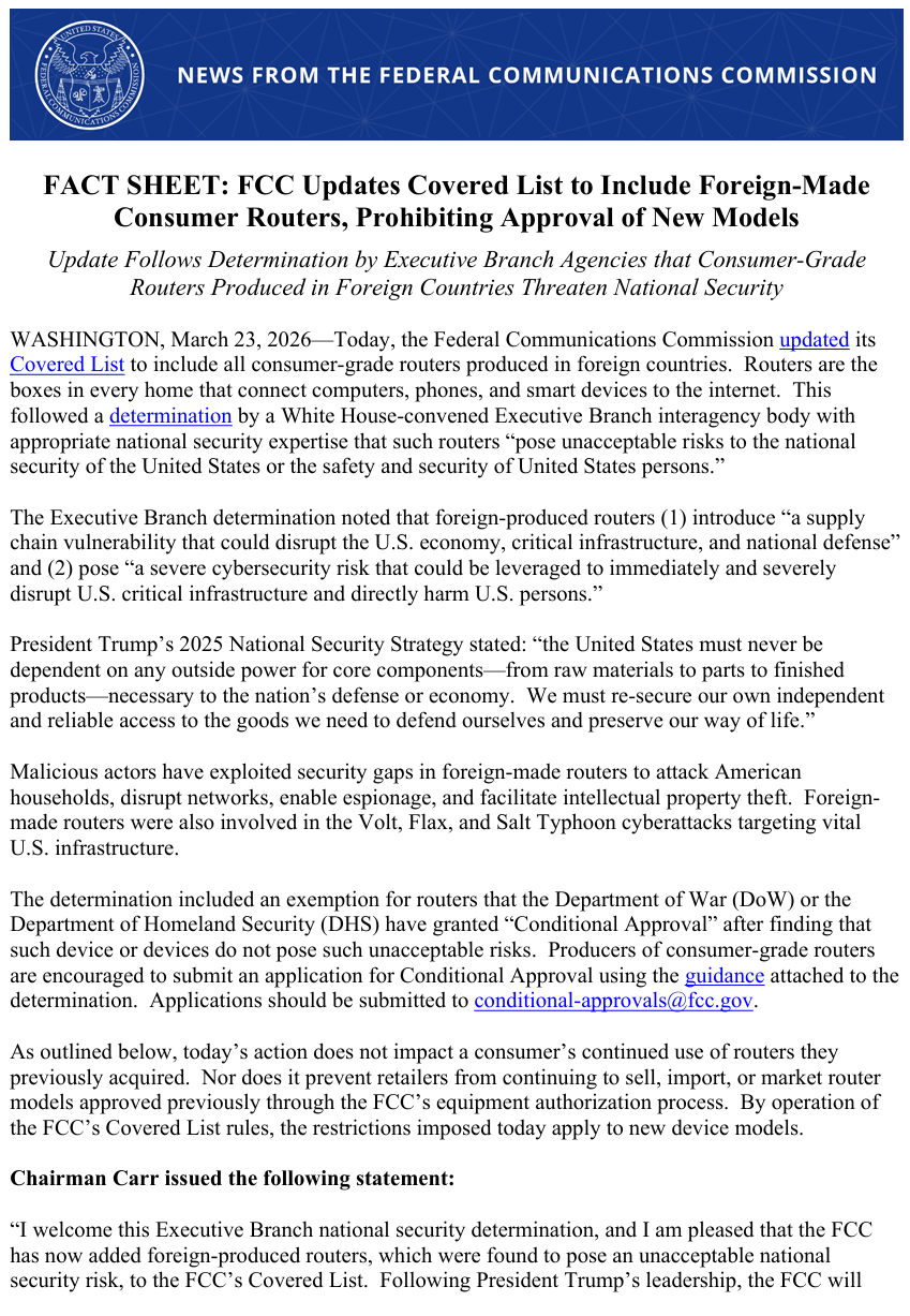 突发!FCC发布禁令:全面封禁外国产新型号消费级路由器进口与销售(图1)